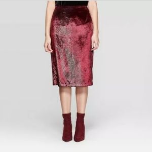 Burgundy Velvet Midi Skirt Size 8 Metallic Shine Holiday Party Pencil Skirt